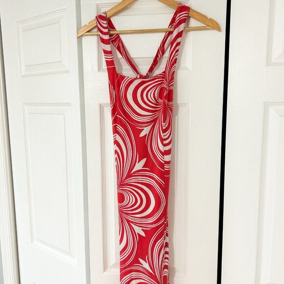 Free People Red Swirl Print Maxi Dress Open Back Cross Strap Bodycon Size S - Picture 3 of 6